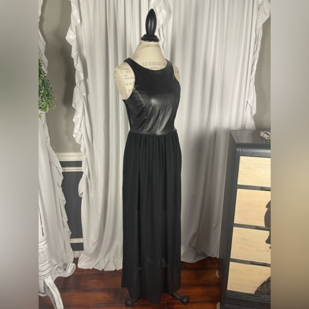 Black Maxi Dress With Faux Leather Top and Sheer Bottom Size Large Juniors